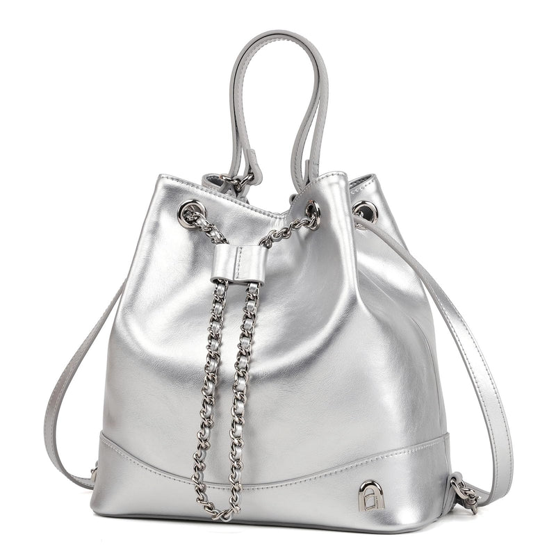 LA FESTIN Leather Purses for Women Cute Backpack Lightweight Shoulder Small Trendy Bucket Handbags with Strap Silver Chain(Silver)