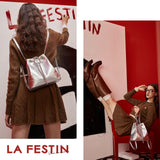 LA FESTIN Leather Purses for Women Cute Backpack Lightweight Shoulder Small Trendy Bucket Handbags with Strap Silver Chain(Silver)