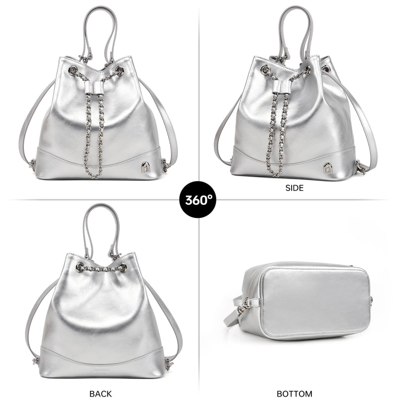 LA FESTIN Leather Purses for Women Cute Backpack Lightweight Shoulder Small Trendy Bucket Handbags with Strap Silver Chain(Silver)