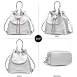 LA FESTIN Leather Purses for Women Cute Backpack Lightweight Shoulder Small Trendy Bucket Handbags with Strap Silver Chain(Silver)