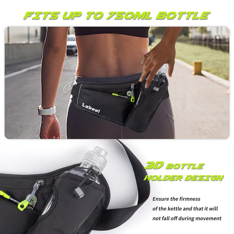 Labeol Waist Pack, Waterproof Hydration Belt with Water Bottle Holder, Adjustable Fanny Pack for Running, Hiking, Walking, Cycling, Black