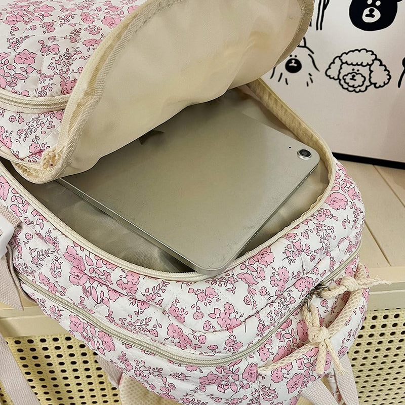 LAIQIAN Flower Backpack 3pcs Quilted Backpack for Women Cute Floral Rucksack Fashion Travel Daypack (PINK)