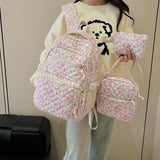 LAIQIAN Flower Backpack 3pcs Quilted Backpack for Women Cute Floral Rucksack Fashion Travel Daypack (PINK)