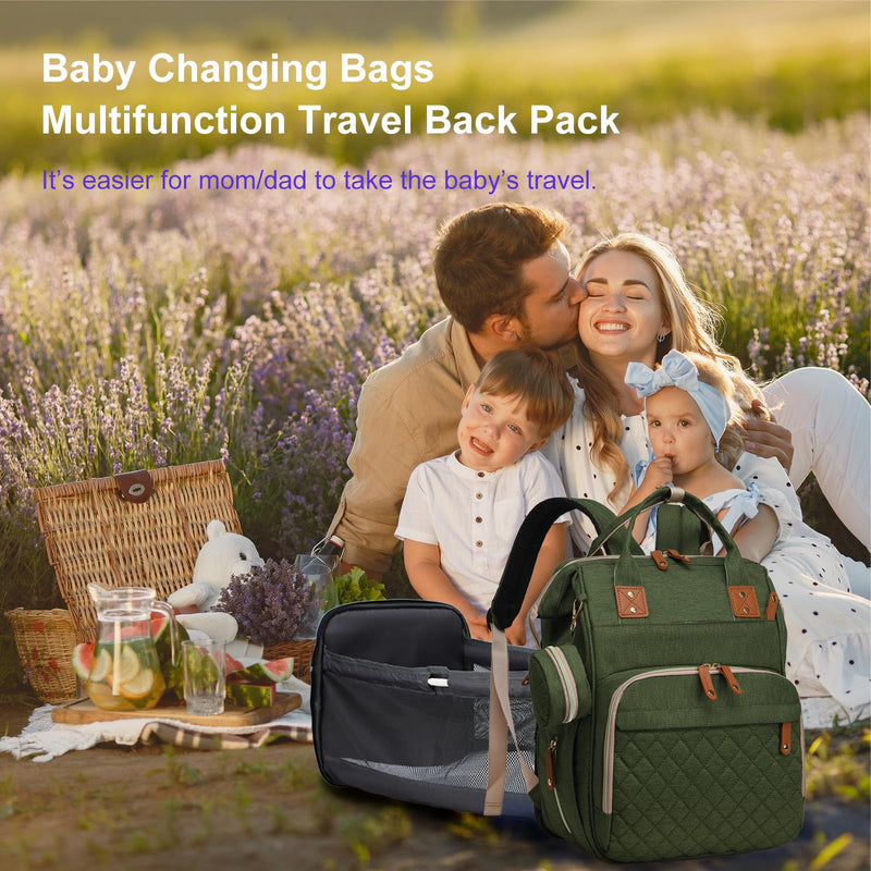Lamroro Diaper Bag with Changing Station, Waterproof 3 in 1 Baby Diaper Backpack with Foldable Changing Pad, Large Travel Back Pack for Girl Boy, Green