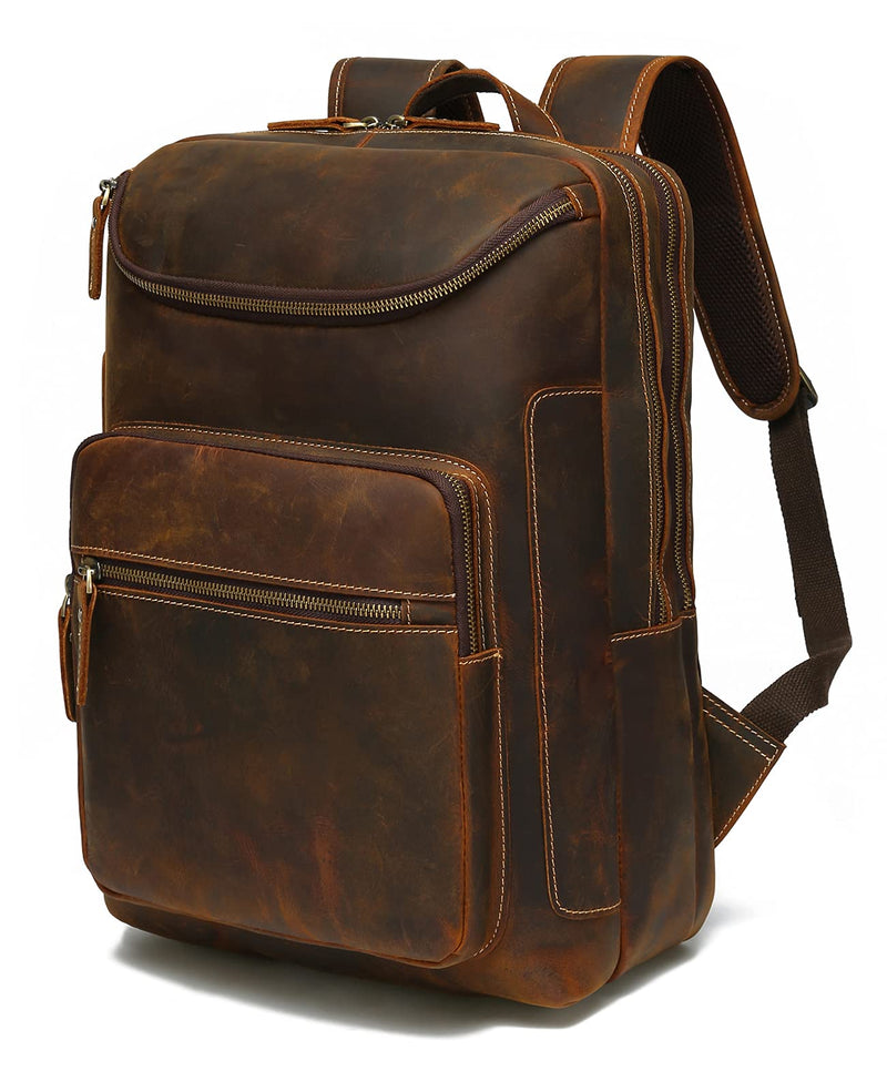 LANNSYNE Vintage Genuine Leather 16" Laptop Backpack For Men Hiking Travel Bag Camping Rucksack