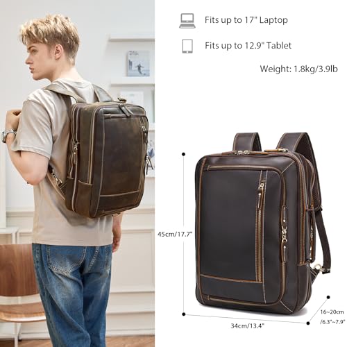 LANNSYNE Vintage Genuine Leather Backpack For Men, 2 in 1 Expandable Briefcase Fits 17'' Laptop Crossbody shoulder Bag Business/Travel Rucksack