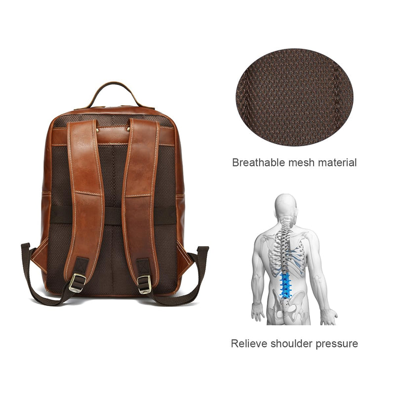 LANNSYNE Vintage Genuine Leather Backpack For Men Fits up to 15" Laptop Travel Hiking Rucksack