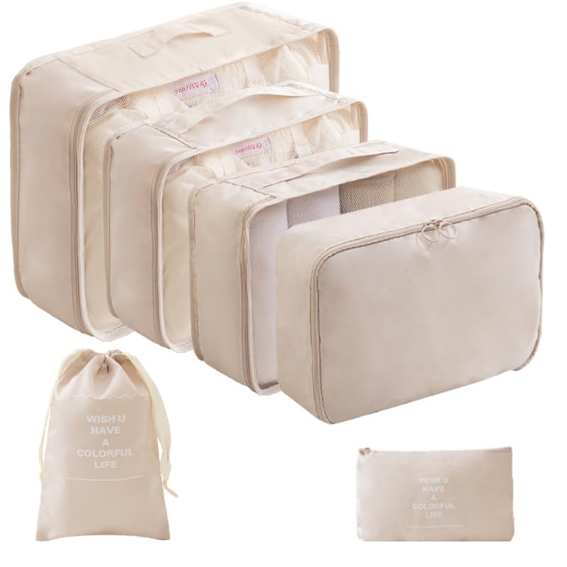LANSKLBD 6 Set Packing Cubes for Travel, Luggage Organizers with Shoe & Toiletry Bags, Lightweight Suitcase Organizer for Carry - On, Washable Laundry Bags (Beige)