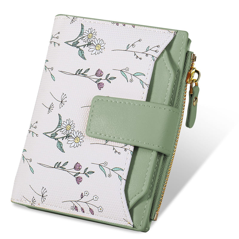 Lapensa Small Womens Wallet - soft Leather RFID Blocking Bifold Zipper Pocket Credit Card Purse - Floral Pattern Wallet with ID Window (green)