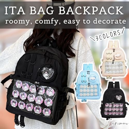 Lapimou Ita Bag Cute Kawaii Backpack Bookbag Pin Display Ita Bags with Insert Japanese Anime Cutecore Accessories Kawaiicore (black)