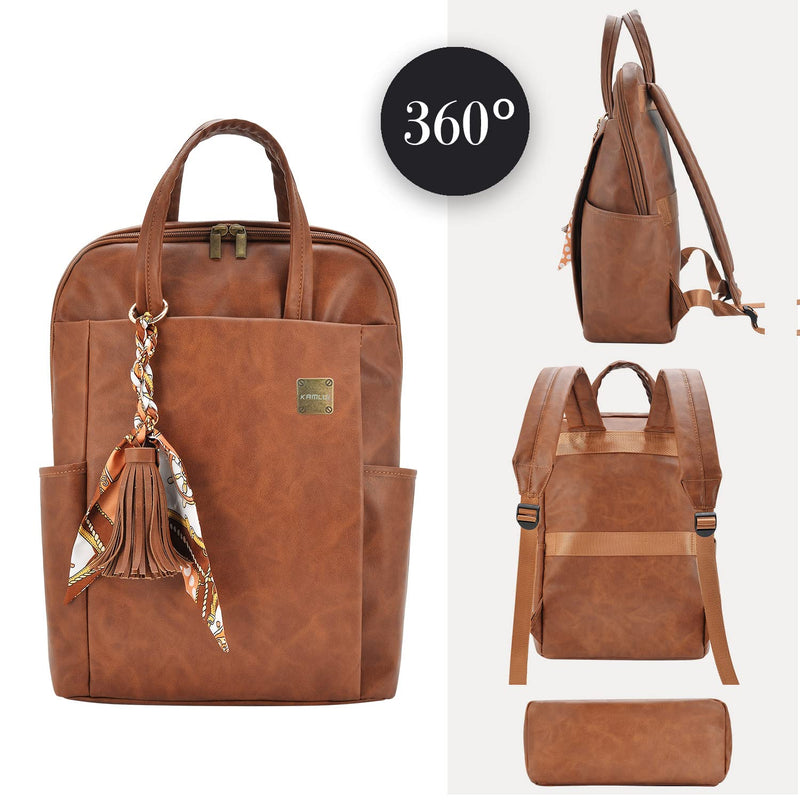 Laptop Backpack for Women Slim Travel - Laptop Bag Computer Case Fit up to 15.6 - inch Notebook Lightweight Medium Size Purse for Work Bookbag Water - resistant Business Fashion Stylish PU Leather Brown
