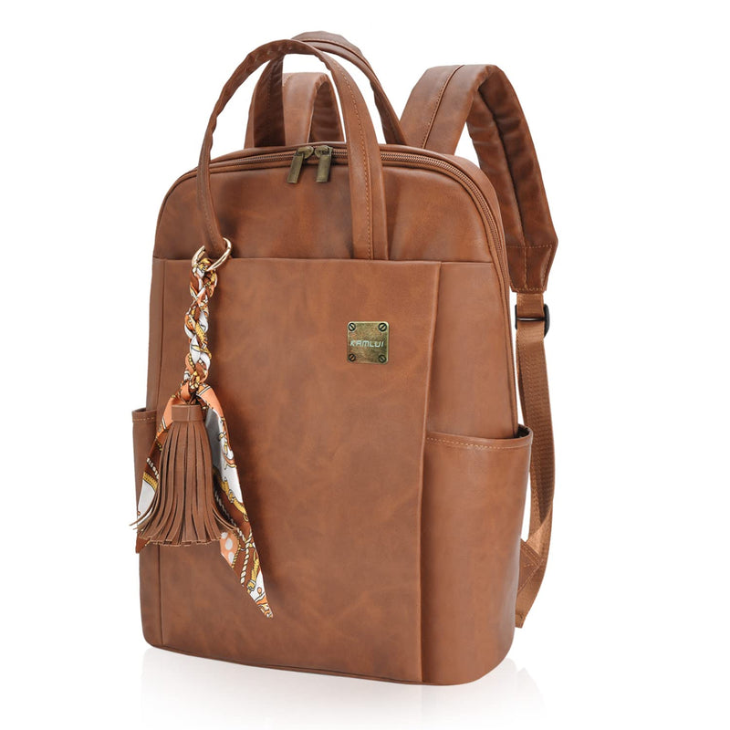 Laptop Backpack for Women Slim Travel - Laptop Bag Computer Case Fit up to 15.6 - inch Notebook Lightweight Medium Size Purse for Work Bookbag Water - resistant Business Fashion Stylish PU Leather Brown