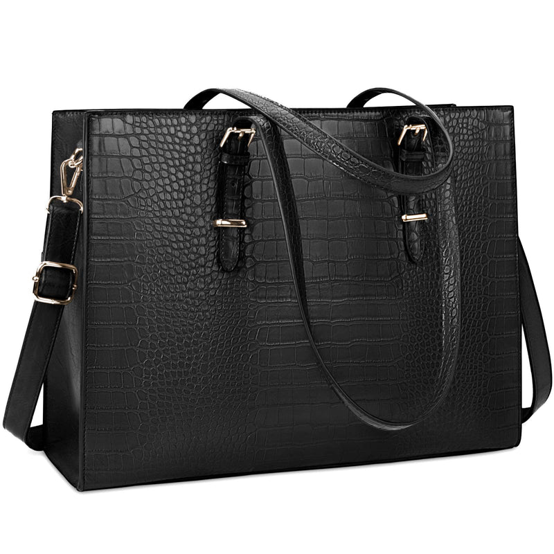 Laptop Bag for Women 15.6 Inch Crocodile Tote Bag Leather Briefcase Business with Adjustable Handles for Work, Travel, Teacher, Nurse Large Capacity Black