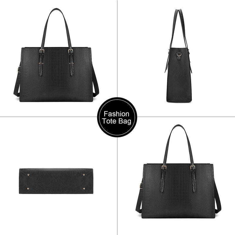 Laptop Bag for Women 15.6 Inch Crocodile Tote Bag Leather Briefcase Business with Adjustable Handles for Work, Travel, Teacher, Nurse Large Capacity Black