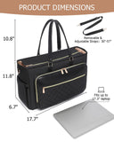 Laptop Tote Bag for Women Work, Multi - pocket Teacher Handbag with Large Cup Holder, Quilted 17.3 Inch Computer Purse for Office, Travel,Black