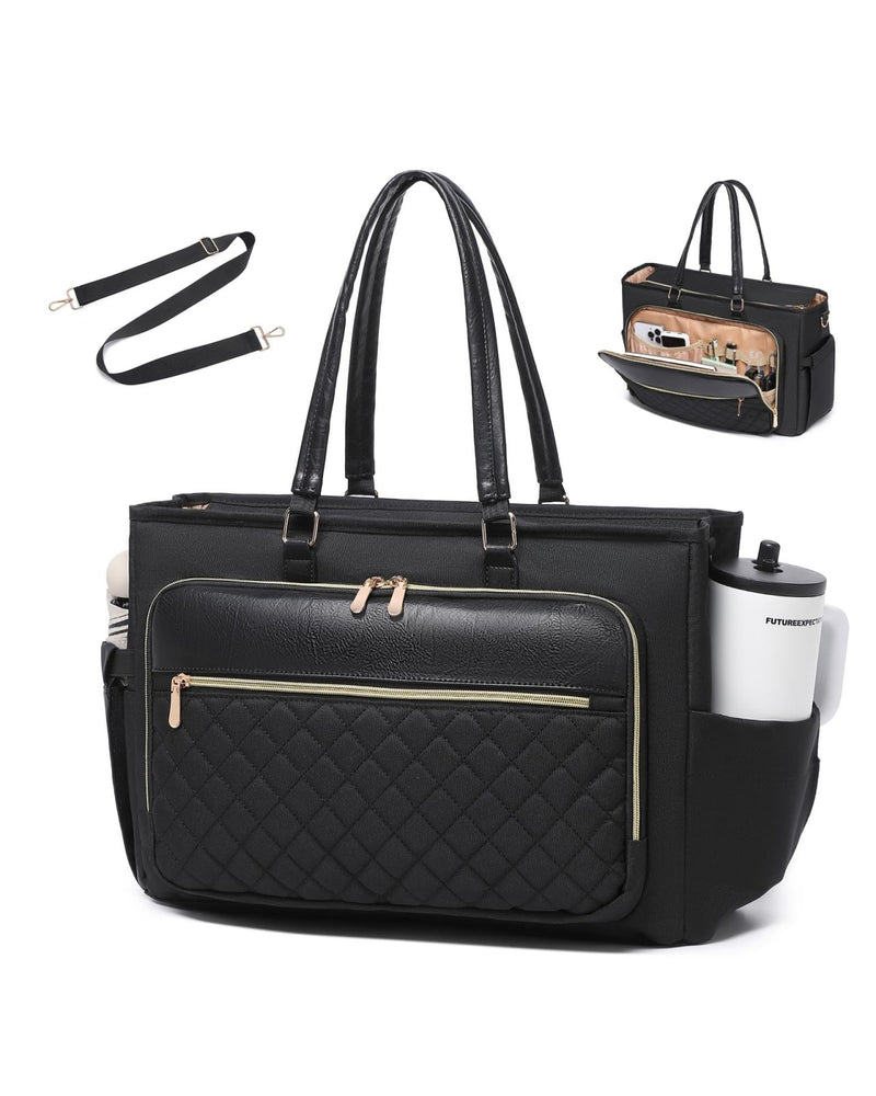 Laptop Tote Bag for Women Work, Multi - pocket Teacher Handbag with Large Cup Holder, Quilted 17.3 Inch Computer Purse for Office, Travel,Black