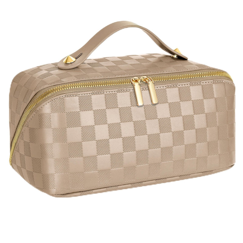 Large Capacity Travel Cosmetic Bag - Open Flat Makeup Bags for Women Waterproof PU Leather Checkered Makeup Organizer Bag,Toiletry Bag for Cosmetics, Portable Make up Bag for Travel Essentials, Khaki