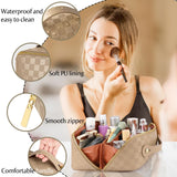 Large Capacity Travel Cosmetic Bag - Open Flat Makeup Bags for Women Waterproof PU Leather Checkered Makeup Organizer Bag,Toiletry Bag for Cosmetics, Portable Make up Bag for Travel Essentials, Khaki