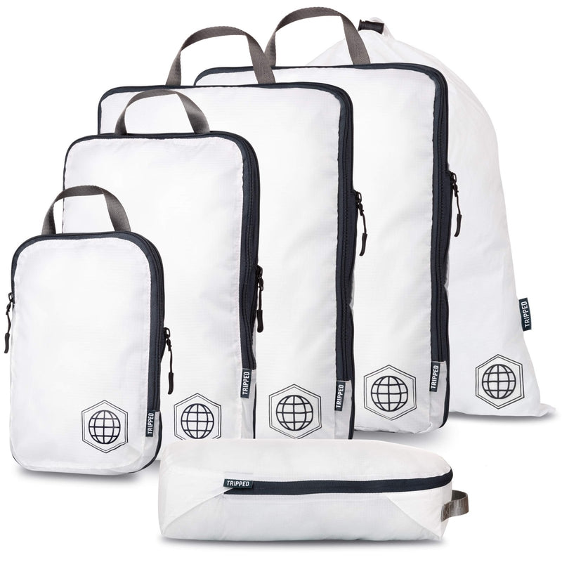 Large Compression Packing Cubes 6 Piece Set for Travel with Lightweight Laundry Bag for Carry - On Suitcase by TRIPPED Travel Gear (White)