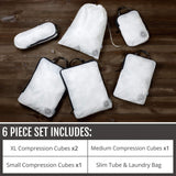 Large Compression Packing Cubes 6 Piece Set for Travel with Lightweight Laundry Bag for Carry - On Suitcase by TRIPPED Travel Gear (White)