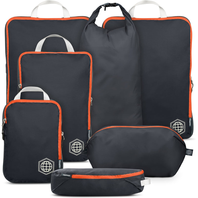 Large Compression Packing Cubes for Travel - Packing Cube Luggage Organizers 7 Piece Set for Checked Luggage - Ultralight, Expandable/Compression Bags by TRIPPED Travel Gear (Grey/Orange)