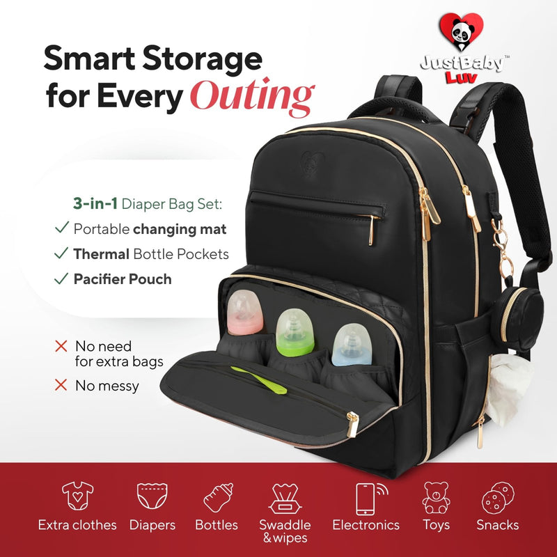 Large PU Leather Diaper Bag Backpack Set (3 - Piece) – Baby Bag with Large Changing Pad, Insulated Warm/Cool Bottle Pockets Organization, Newborn Essentials Travel Gift for Mom & Dad, Best Baby Shower
