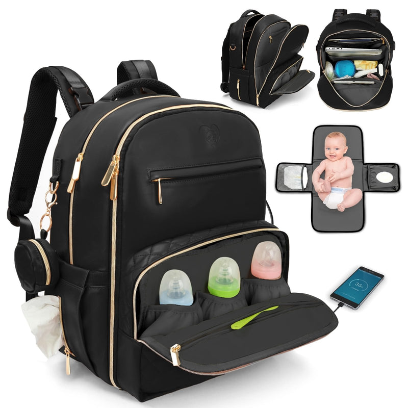 Large PU Leather Diaper Bag Backpack Set (3 - Piece) – Baby Bag with Large Changing Pad, Insulated Warm/Cool Bottle Pockets Organization, Newborn Essentials Travel Gift for Mom & Dad, Best Baby Shower