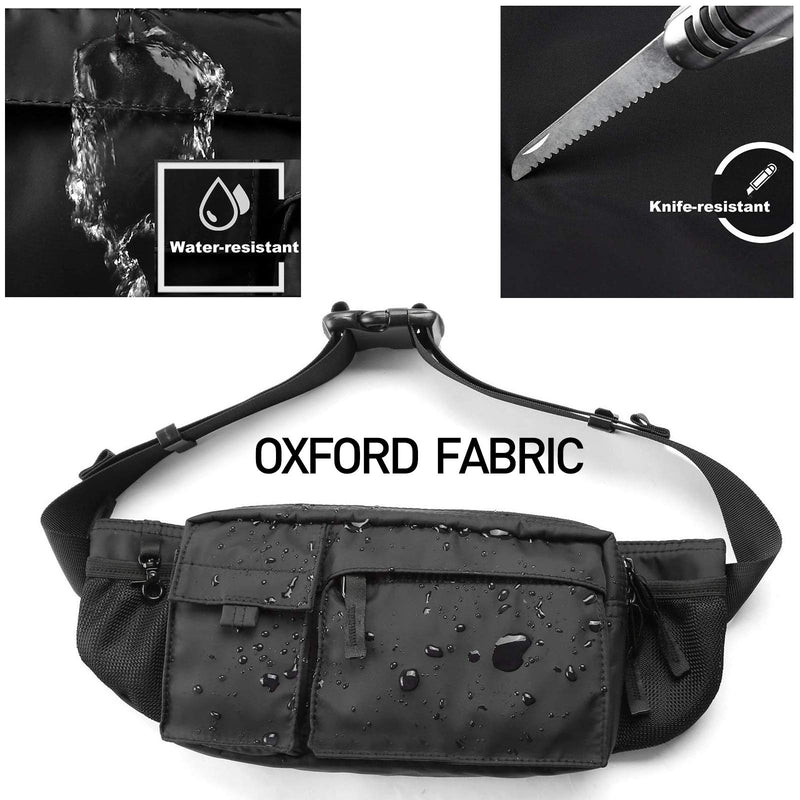 Large Waterproof Black Waist Bag Fanny Pack For Men Women Belt Bag Pouch Hip Bum Chest Bags with Adjustable Strap, Premium Lightweight Fanny Pack For Gym Fitness Workout Travel Work Commuting