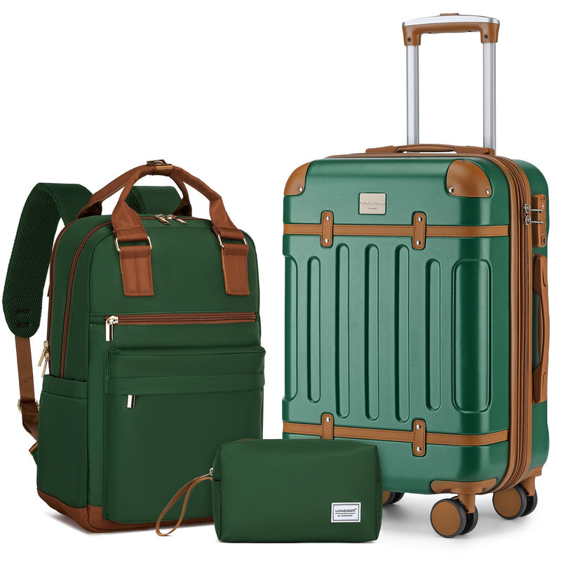 LARVENDER Luggage Sets 3 Piece Expandable Carry on Luggage 22x14x9 Airline Approved Hardshell Suitcase with Wheels TSA Lock, Lightweight Suitcase Set for Women with Travel Backpack, Green