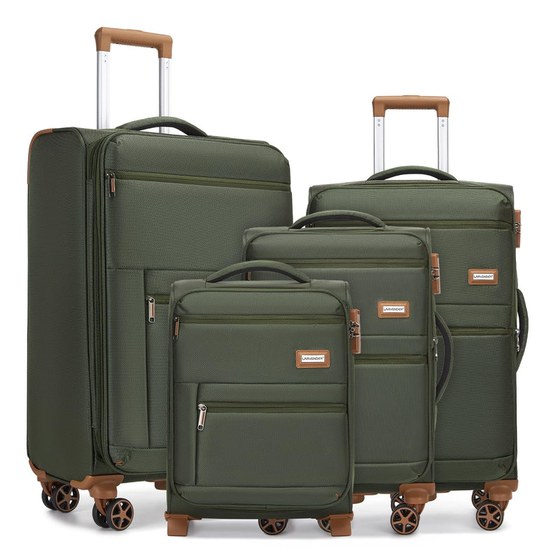 LARVENDER Luggage Sets 4 Piece, Softside Carry On Luggage Suitcase Set with 360° Spinner Wheels for Women Men(28/24/20/18) Army Green
