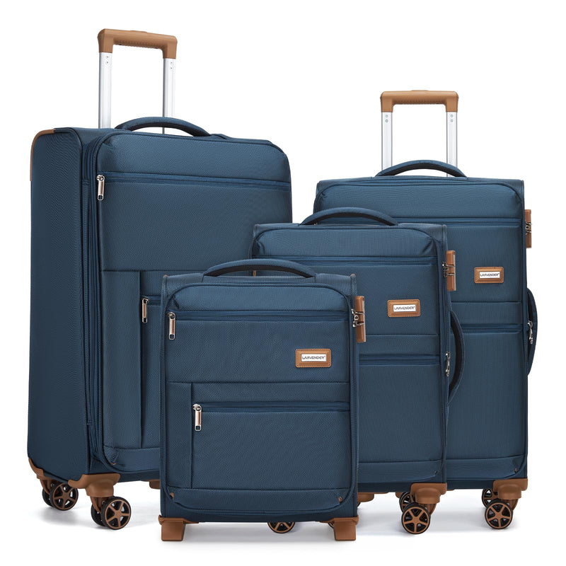 LARVENDER Luggage Sets 4 Piece, Softside Carry On Luggage Suitcase Set with 360° Spinner Wheels for Women Men(28/24/20/18) Navy Blue