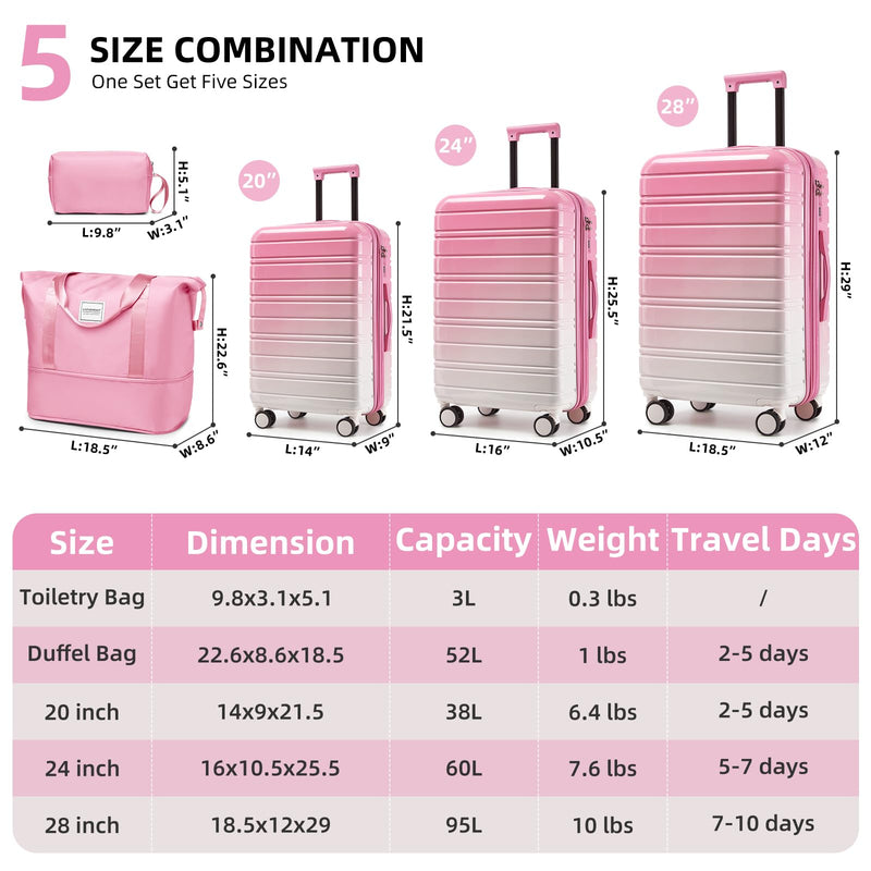 LARVENDER Luggage Sets 5 Piece Hardside Expandable Suitcase with Wheels Lock,PC+ABS Hardside Lightweight Rolling Suitcase for Women and Men,Peach Sparkling