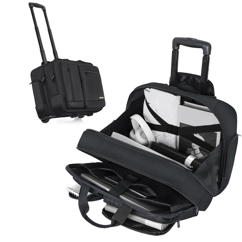 LASUK Rolling Briefcase Laptop Bag,17.3" Computer bag with wheels, Water Repellent Travel Roller Underseat Bag with RFID Blocking Pocket,Rolling Work Bags for women/men - Black