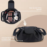 Lay Flat Drawstring Makeup Bag,Travel Cosmetic Organizer for Women,Large Capacity Toiletry Bag,Portable Open - Flat Design for Skincare and Makeup Brushes (Black)