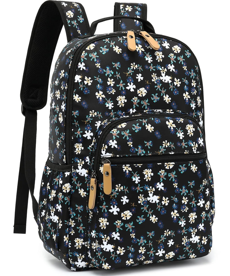 Leaper Laptop Backpack for Women: Cute Girls Backpack Floral for School College Travel Work - Lightweight Bookbag for Kids Teens - Aesthetic Back Pack Hiking Daypack for Teacher (Black - White Flower)