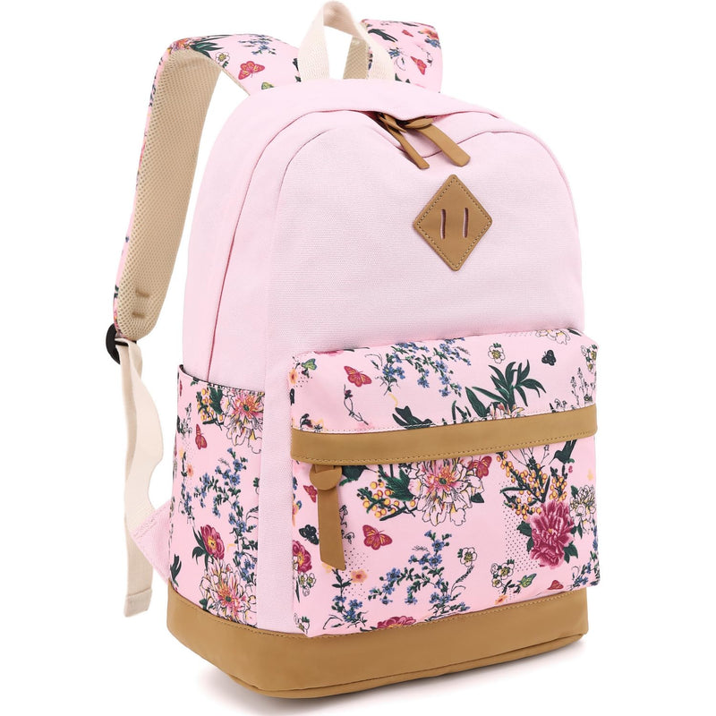 Leaper School Cute Backpack for Girls: Canvas Kawaii Bookbags for Girl 10 - 12 Years Old - Laptop Travel Backpacks for Teens Floral Pink
