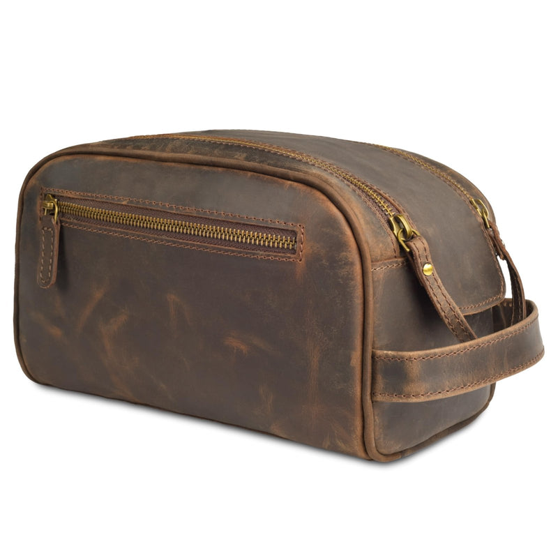 LEATHER VILLAGE Genuine Leather Toiletry Travel Pouch With Waterproof Lining - Brown | King - Size Handcrafted Vintage Dopp Kit Bag, Shaving & Bathroom Organizer, Gift for Men & Women