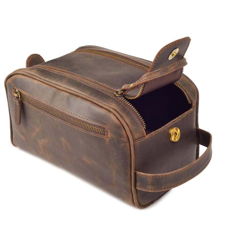 LEATHER VILLAGE Genuine Leather Toiletry Travel Pouch With Waterproof Lining - Brown | King - Size Handcrafted Vintage Dopp Kit Bag, Shaving & Bathroom Organizer, Gift for Men & Women