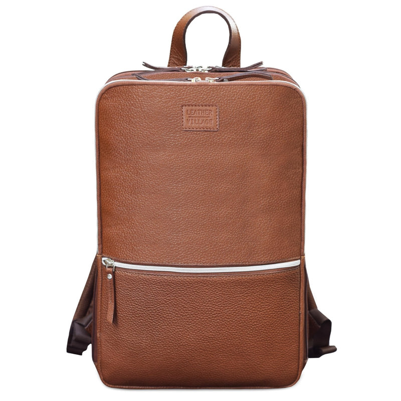 LEATHER VILLAGE Leather Laptop Backpack for Men | Cognac Brown | Slim Professional Business Bag Fits 15.6” - Laptop | Water - Repellent Work & Travel Daypack with Trolley Strap