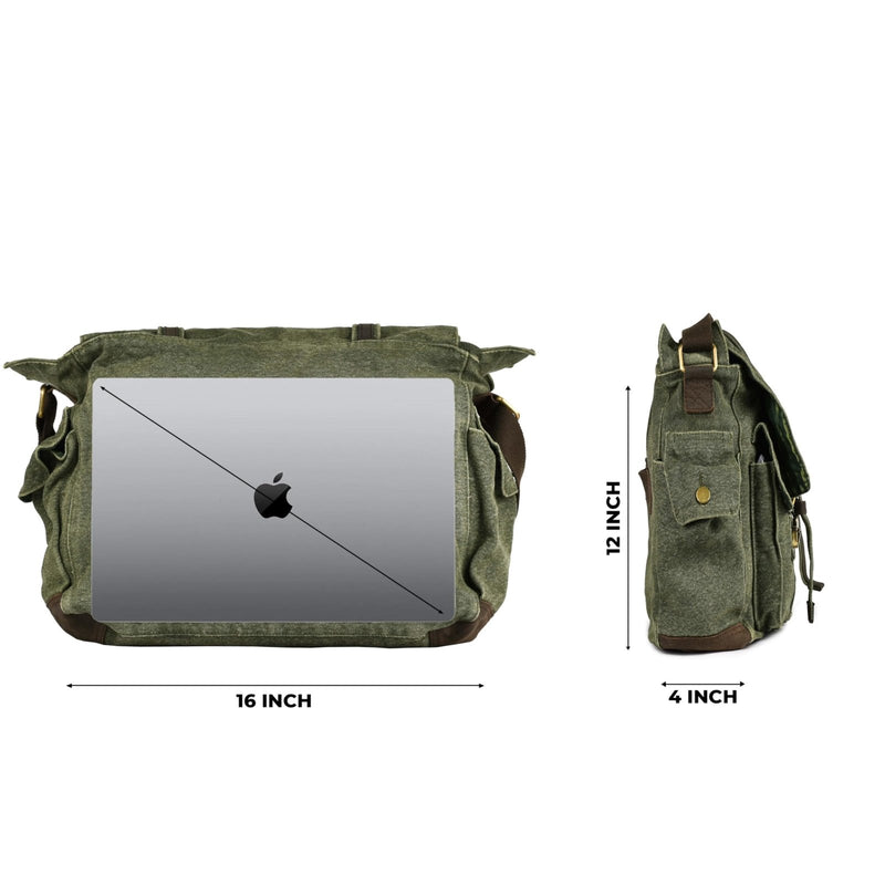 LEATHER VILLAGE Vintage Canvas Messenger Bag – 16 Inch Handmade Laptop Shoulder Bag for Men & Women – Crossbody Work Bag for Office, Travel & Daily Use - Green