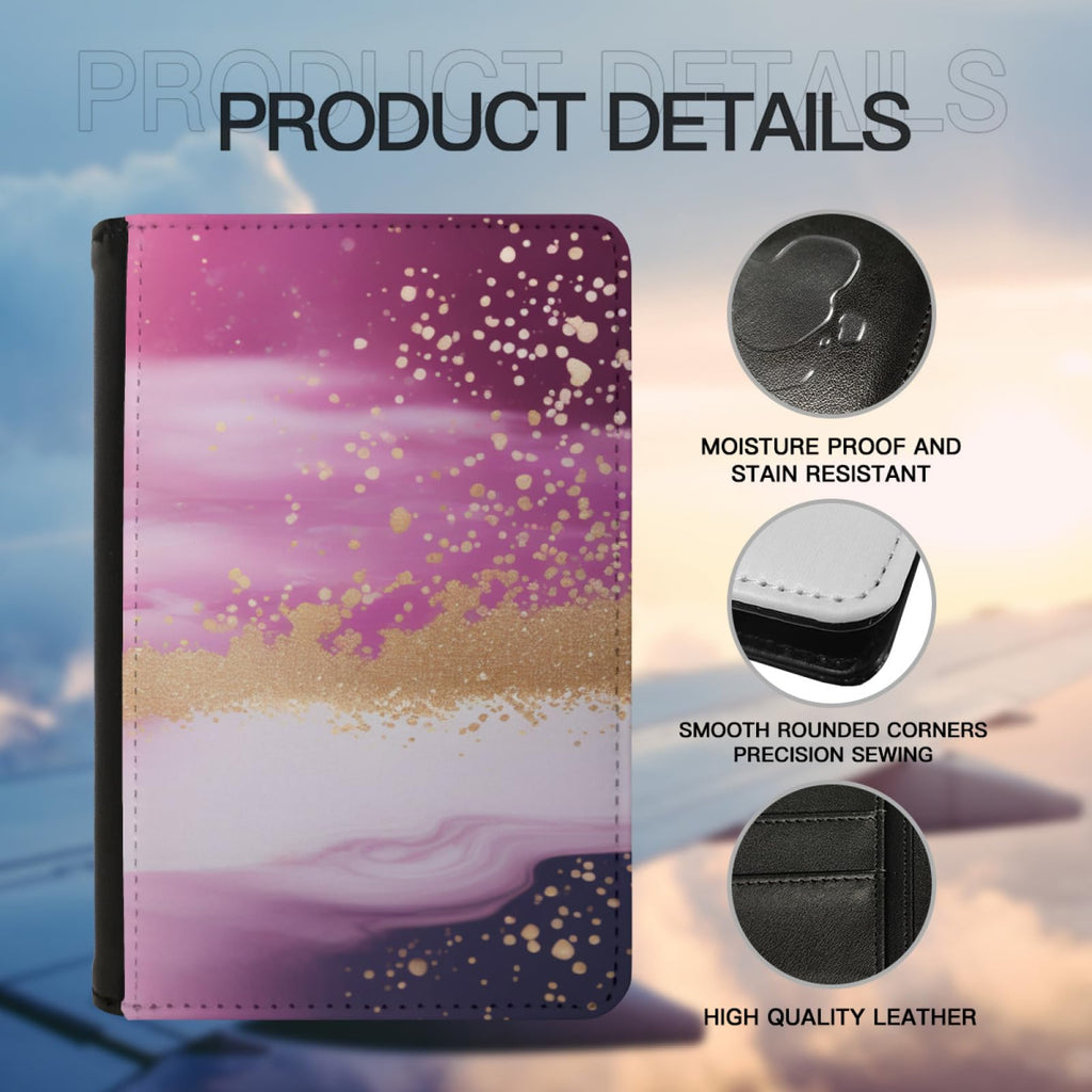 Leatherette Passport Wallet with Card Storage Pockets Marble Pattern Cover Watercolor Print Pink Purple and Gold Specks Abstract Design Fun Design Passport Holder Case