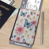 Leatherette Passport Wallet with Card Storage Pockets Pretty Butterfly Print Cover Gorgeous Pink Flowers with Gold Specks and Blue Butterflies Pattern Design Fun Design Passport Holder Case, Black