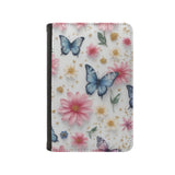 Leatherette Passport Wallet with Card Storage Pockets Pretty Butterfly Print Cover Gorgeous Pink Flowers with Gold Specks and Blue Butterflies Pattern Design Fun Design Passport Holder Case, Black