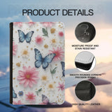 Leatherette Passport Wallet with Card Storage Pockets Pretty Butterfly Print Cover Gorgeous Pink Flowers with Gold Specks and Blue Butterflies Pattern Design Fun Design Passport Holder Case, Black