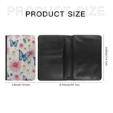 Leatherette Passport Wallet with Card Storage Pockets Pretty Butterfly Print Cover Gorgeous Pink Flowers with Gold Specks and Blue Butterflies Pattern Design Fun Design Passport Holder Case, Black