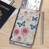 Leatherette Passport Wallet with Card Storage Pockets Pretty Butterfly Print Cover Pink & Cream Flowers with Gold Specks and Blue Butterflies Pattern Design Fun Design Passport Holder Case, Black