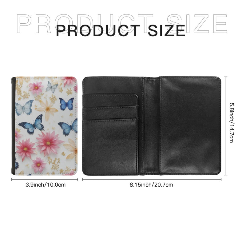 Leatherette Passport Wallet with Card Storage Pockets Pretty Butterfly Print Cover Pink & Cream Flowers with Gold Specks and Blue Butterflies Pattern Design Fun Design Passport Holder Case, Black