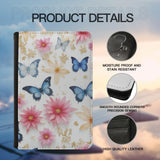 Leatherette Passport Wallet with Card Storage Pockets Pretty Butterfly Print Cover Pink & Cream Flowers with Gold Specks and Blue Butterflies Pattern Design Fun Design Passport Holder Case, Black