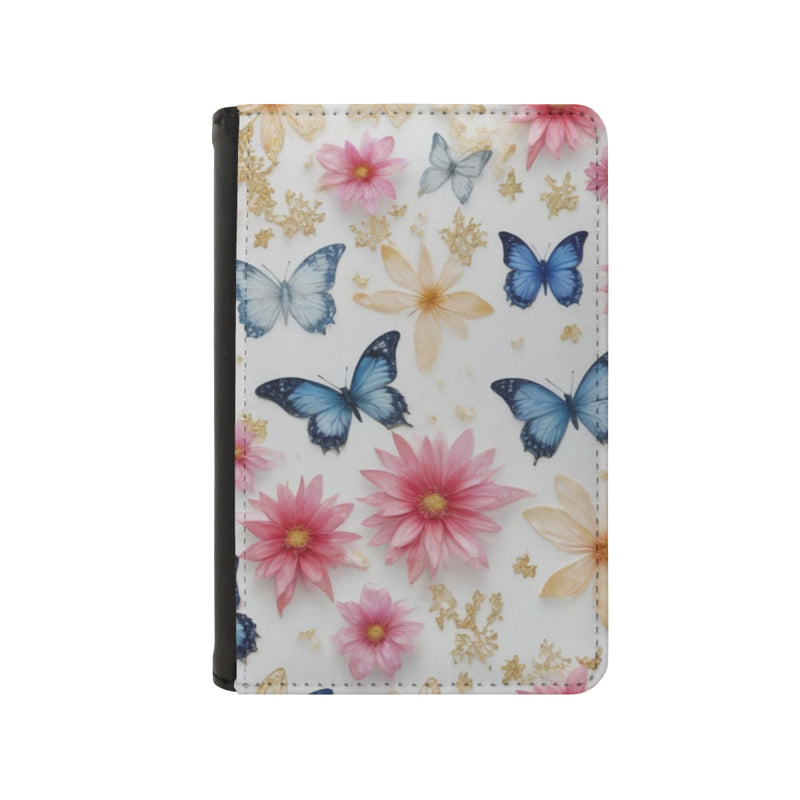 Leatherette Passport Wallet with Card Storage Pockets Pretty Butterfly Print Cover Pink & Cream Flowers with Gold Specks and Blue Butterflies Pattern Design Fun Design Passport Holder Case, Black