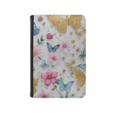 Leatherette Passport Wallet with Card Storage Pockets Pretty Butterfly Print Cover Pink Flowers with Gold Specks and Blue Butterflies Floral Spring Pattern Design Fun Design Passport Holder Case